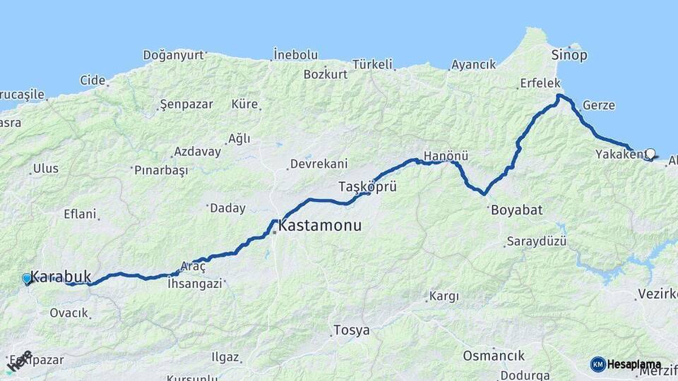 Karabük Yakakent Samsun Arası Kaç Km - Yol Haritası
