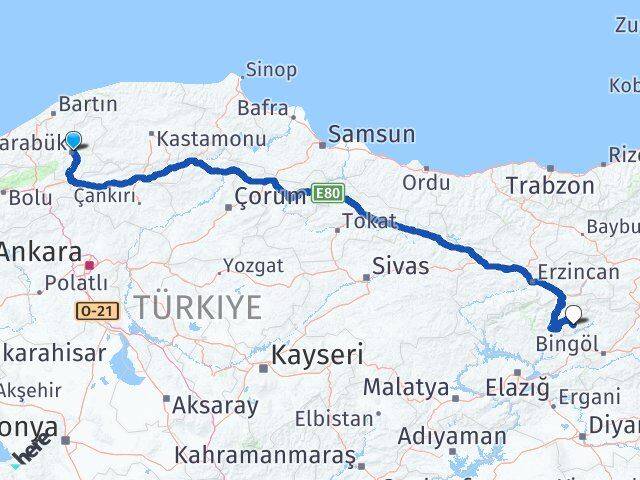 Karabük Yayladere Bingöl Arası Kaç Km - Yol Haritası
