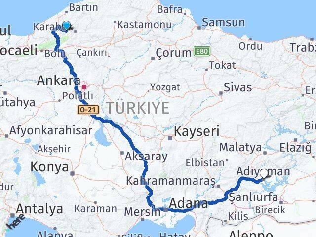 Karabük Yenice Adıyaman Arası Kaç Km - Yol Haritası