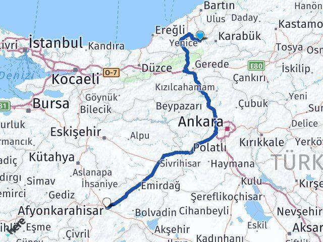 Karabük Yenice Afyonkarahisar Arası Kaç Km - Yol Haritası