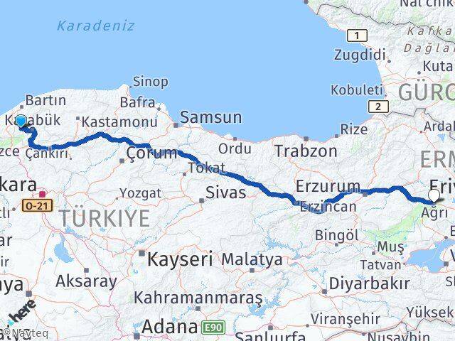 Karabük Yenice Ağrı Arası Kaç Km - Yol Haritası