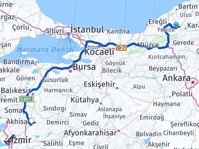 Karabük Yenice Akhisar Manisa Arası Kaç Km - Yol Haritası