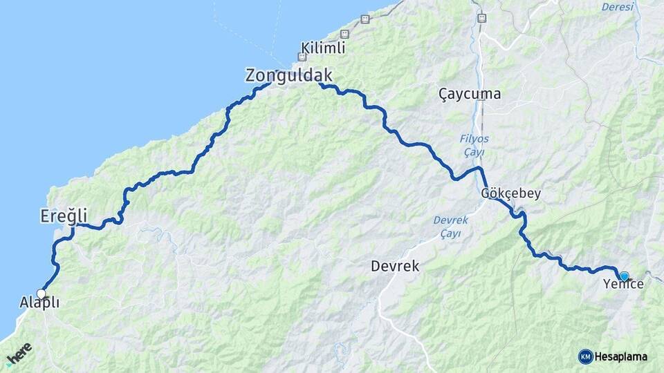 Karabük Yenice Alaplı Zonguldak Arası Kaç Km - Yol Haritası