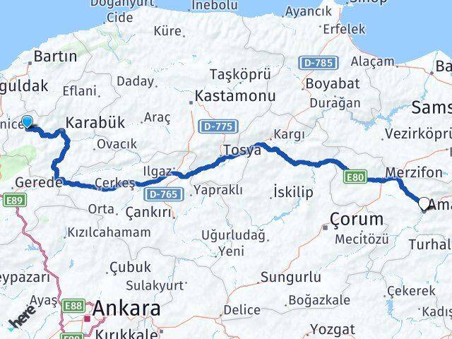 Karabük Yenice Amasya Arası Kaç Km - Yol Haritası