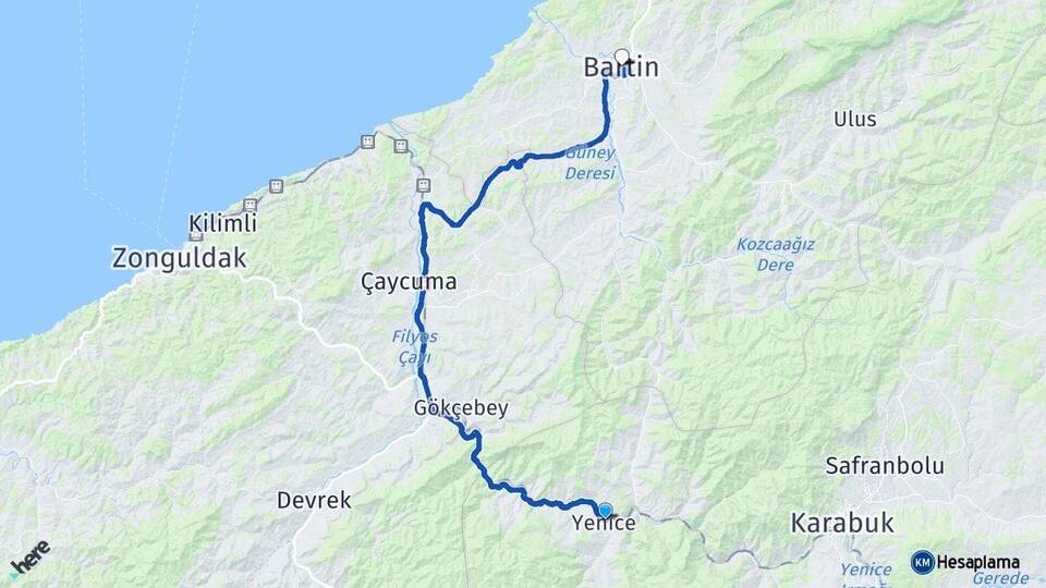 Karabük Yenice Bartın Arası Kaç Km - Yol Haritası