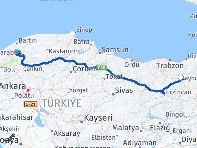 Karabük Yenice Bayburt Arası Kaç Km - Yol Haritası