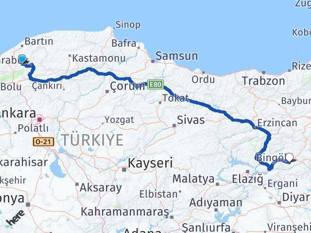 Karabük Yenice Bingöl Arası Kaç Km - Yol Haritası