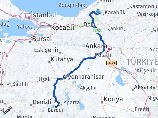 Karabük Yenice Burdur Arası Kaç Km - Yol Haritası