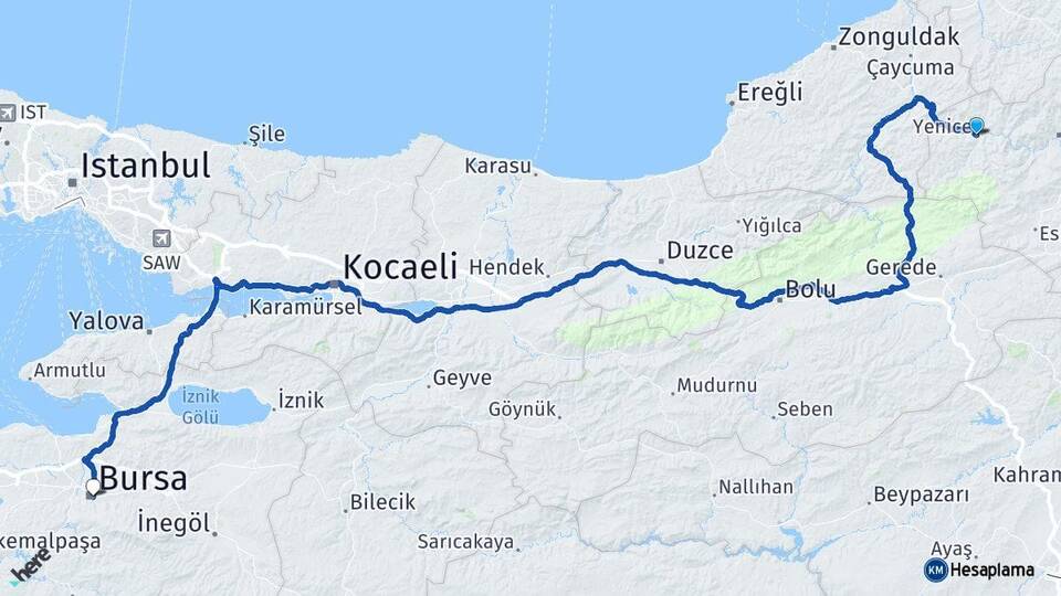 Karabük Yenice Bursa Arası Kaç Km - Yol Haritası