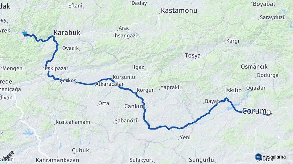 Karabük Yenice Çorum Arası Kaç Km - Yol Haritası