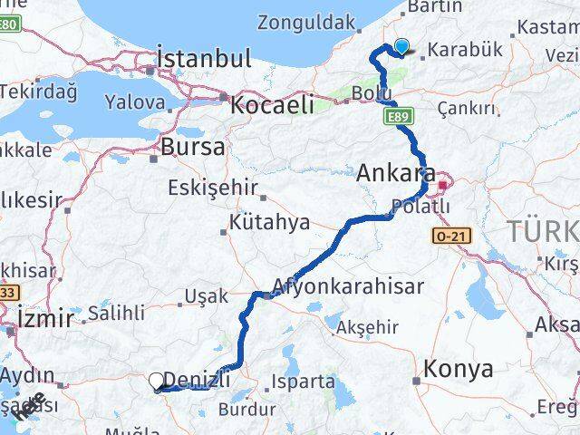 Karabük Yenice Denizli Arası Kaç Km - Yol Haritası