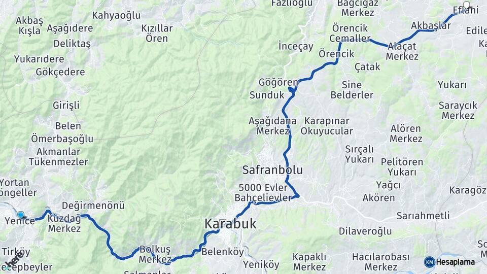 Karabük Yenice Eflani Arası Kaç Km - Yol Haritası