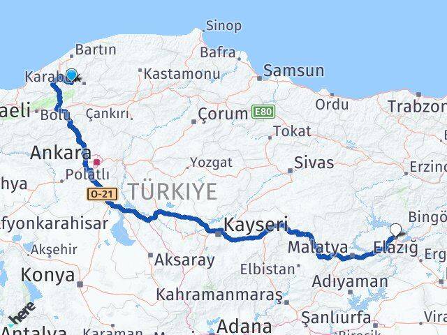 Karabük Yenice Elazığ Arası Kaç Km - Yol Haritası