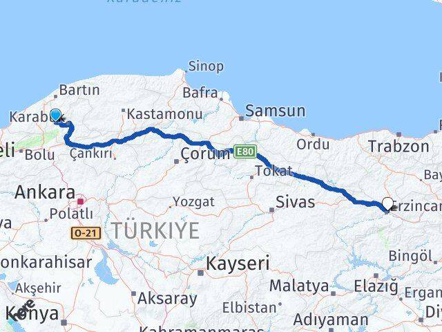 Karabük Yenice Erzincan Arası Kaç Km - Yol Haritası