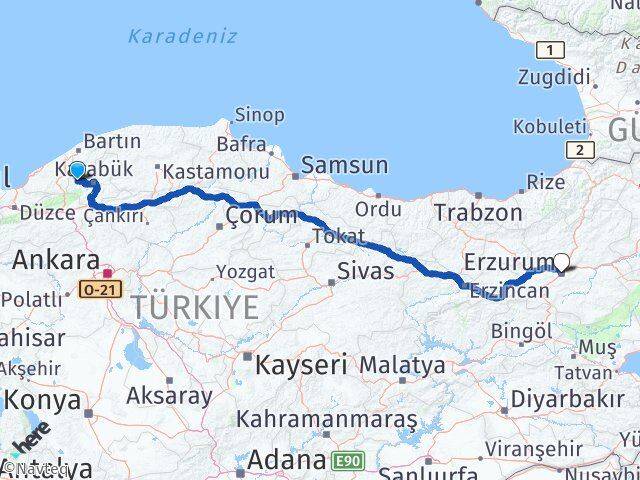 Karabük Yenice Erzurum Arası Kaç Km - Yol Haritası