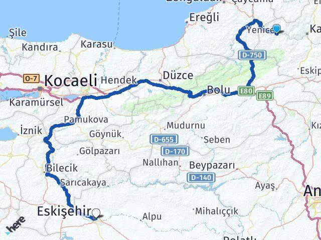 Karabük Yenice Eskişehir Arası Kaç Km - Yol Haritası