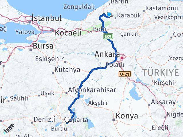 Karabük Yenice Isparta Arası Kaç Km - Yol Haritası