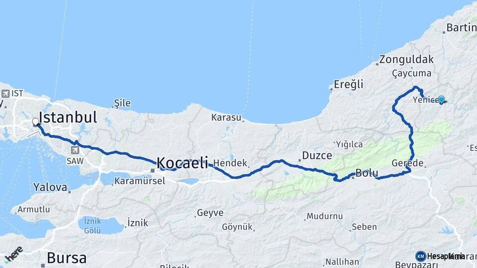 Karabük Yenice İstanbul Arası Kaç Km - Yol Haritası