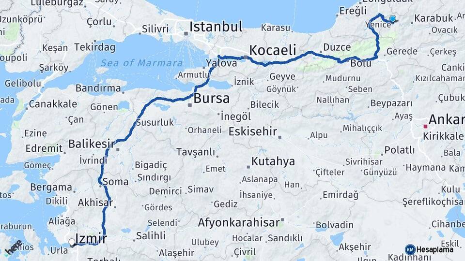 Karabük Yenice İzmir Arası Kaç Km - Yol Haritası