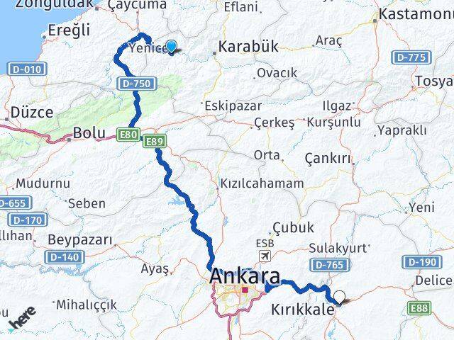 Karabük Yenice Kırıkkale Arası Kaç Km - Yol Haritası