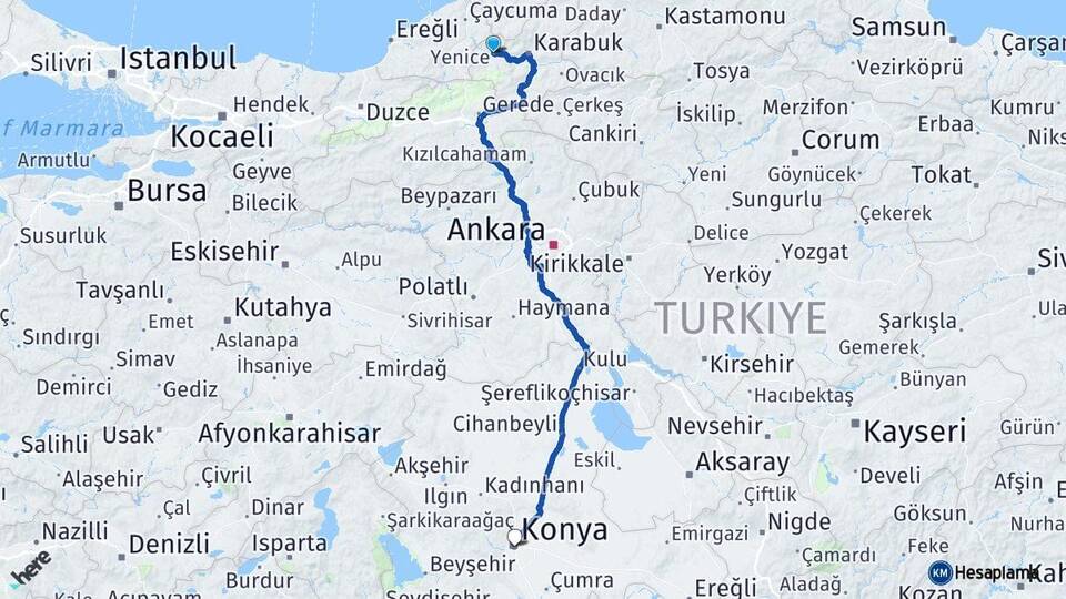 Karabük Yenice Konya Arası Kaç Km - Yol Haritası