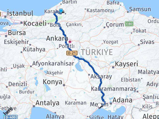 Karabük Yenice Mersin Arası Kaç Km - Yol Haritası