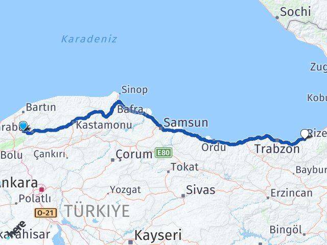 Karabük Yenice Rize Arası Kaç Km - Yol Haritası