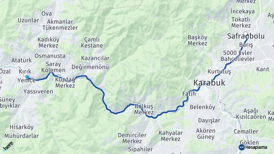 Karabük Yenice Safranbolu Arası Kaç Km - Yol Haritası