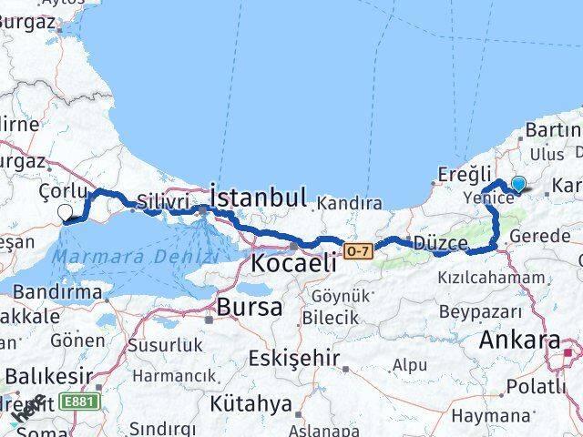 Karabük Yenice Tekirdağ Arası Kaç Km - Yol Haritası