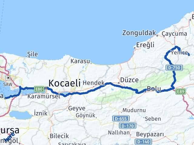 Karabük Yenice Yalova Arası Kaç Km - Yol Haritası