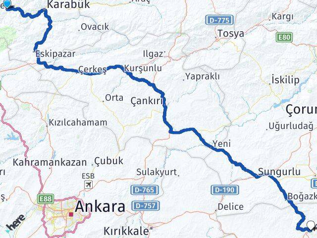 Karabük Yenice Yozgat Arası Kaç Km - Yol Haritası
