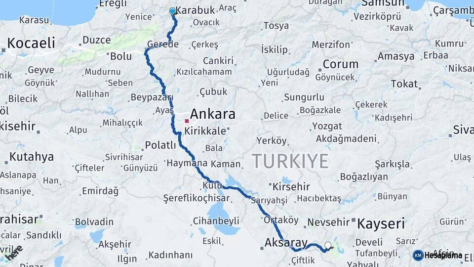 Karabük Yeşilhisar Kayseri Arası Kaç Km - Yol Haritası