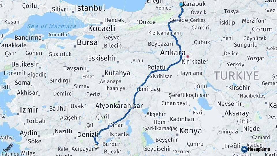 Karabük Yeşilova Burdur Arası Kaç Km - Yol Haritası