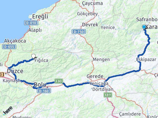 Karabük Yığılca Düzce Arası Kaç Km - Yol Haritası