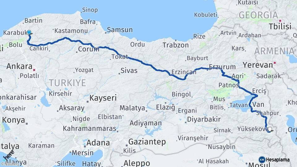 Karabük Yüksekova Hakkari Arası Kaç Km - Yol Haritası