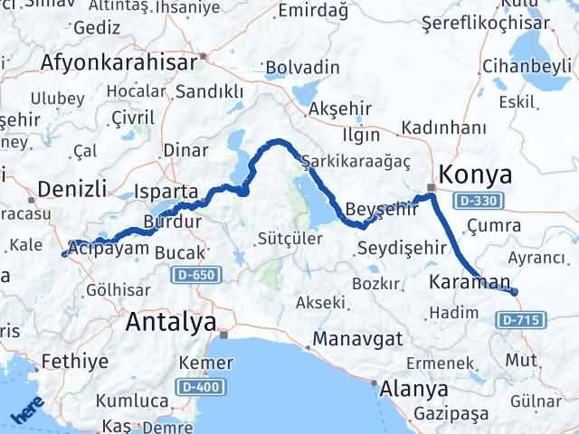 Karaman Acıpayam Denizli Arası Kaç Km - Yol Haritası