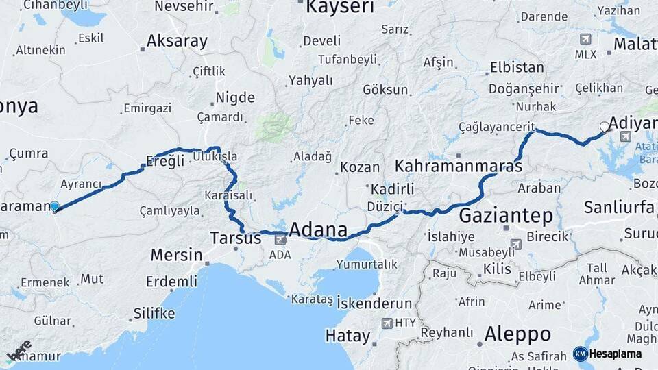 Karaman Adıyaman Arası Kaç Km - Yol Haritası