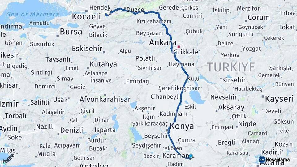 Karaman Akyazı Sakarya Arası Kaç Km - Yol Haritası
