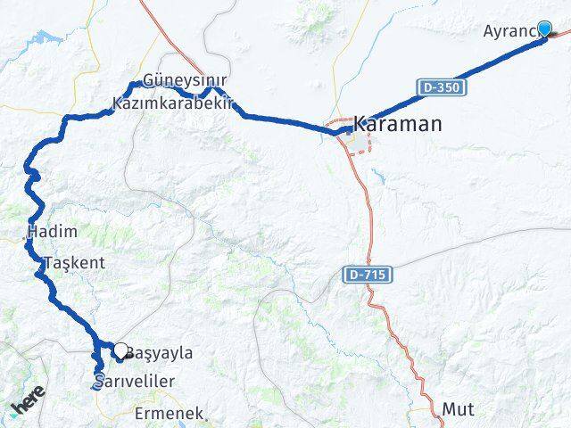 Karaman Ayrancı Başyayla Arası Kaç Km - Yol Haritası