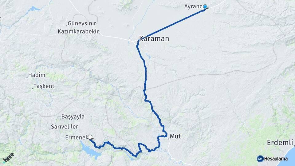 Karaman Ayrancı Ermenek Arası Kaç Km - Yol Haritası
