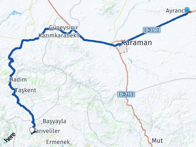 Karaman Ayrancı Sarıveliler Arası Kaç Km - Yol Haritası