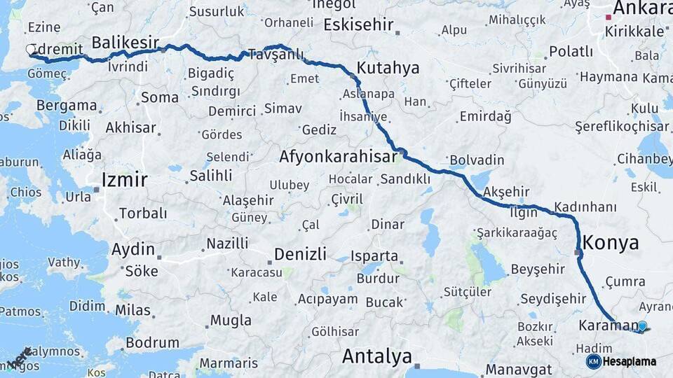 Karaman Ayvacık Çanakkale Arası Kaç Km - Yol Haritası