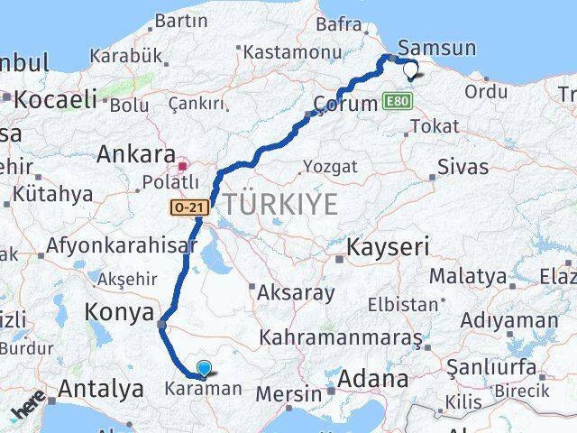 Karaman Ayvacık Samsun Arası Kaç Km - Yol Haritası