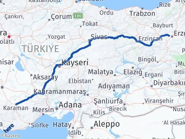 Karaman Aziziye Erzurum Arası Kaç Km - Yol Haritası