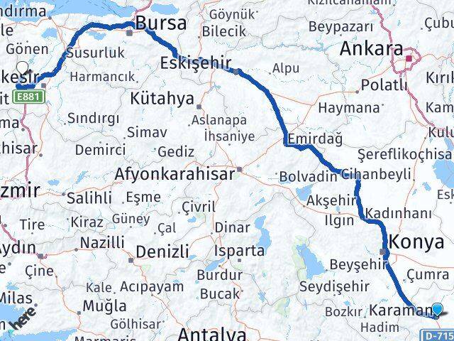 Karaman Balya Balıkesir Arası Kaç Km - Yol Haritası