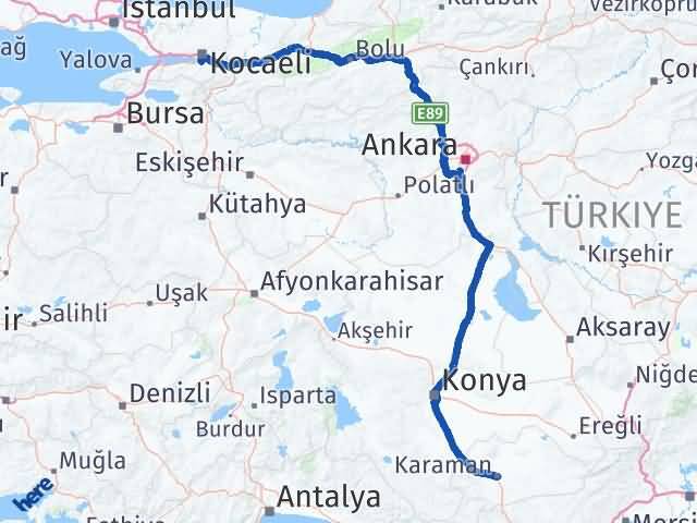 Karaman Başiskele Kocaeli Arası Kaç Km - Yol Haritası