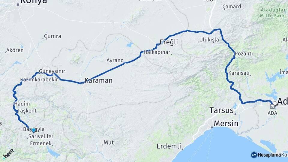 Karaman Başyayla Adana Arası Kaç Km - Yol Haritası
