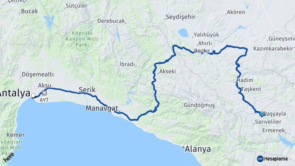 Karaman Başyayla Antalya Arası Kaç Km - Yol Haritası