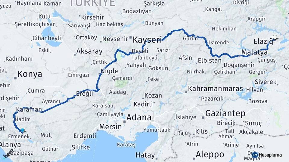 Karaman Başyayla Elazığ Arası Kaç Km - Yol Haritası