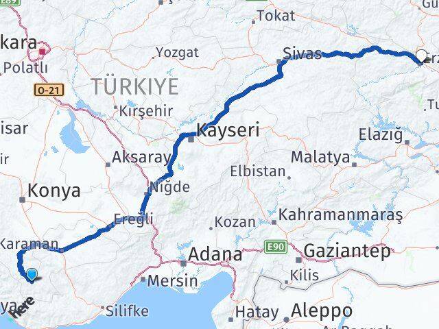 Karaman Başyayla Erzincan Arası Kaç Km - Yol Haritası